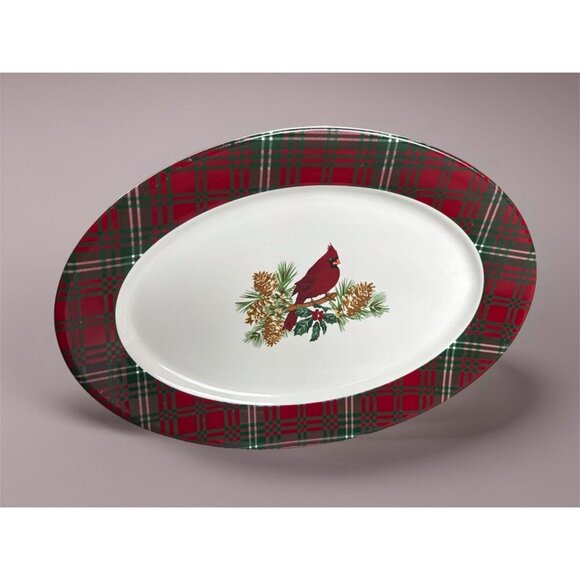 Living Quarters Christmas Oval Serving Platter Cardinal Plaid Border - Picture 1 of 5